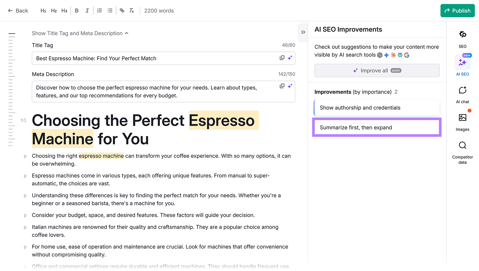 Content editor with highlighted AI SEO improvement suggestions, including âSummarize first, then expand.â
