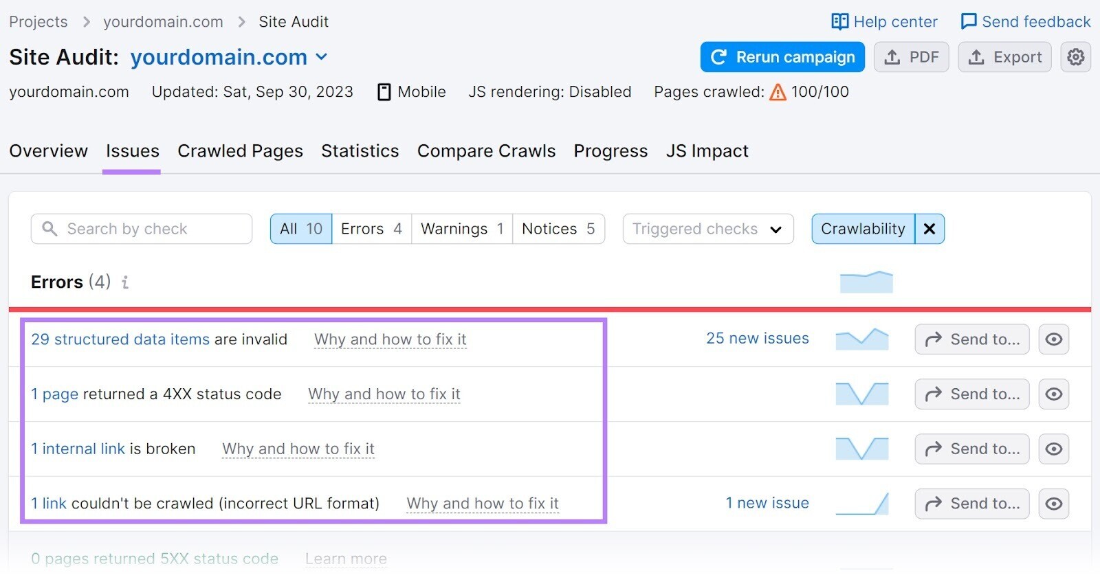 Section « Erreurs » sous l'onglet « Problèmes » dans Audit de site