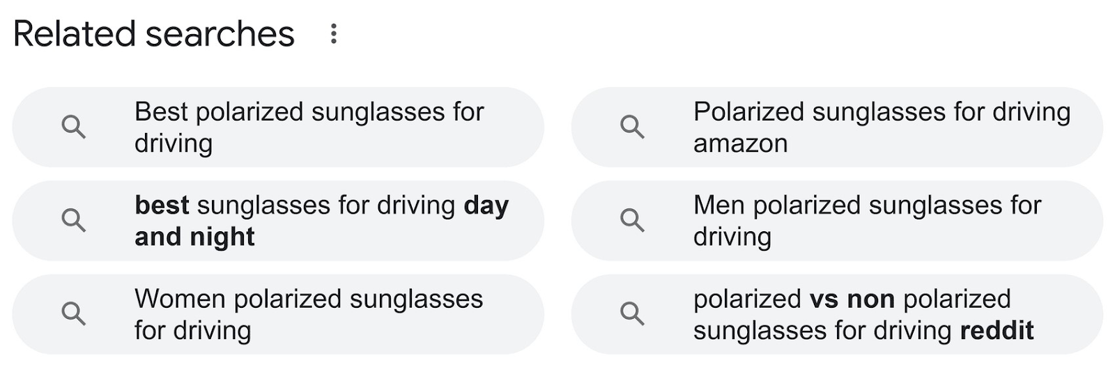 Sección" de búsquedas relacionadas de Google "para "gafas de sol polarizadas para conducir"