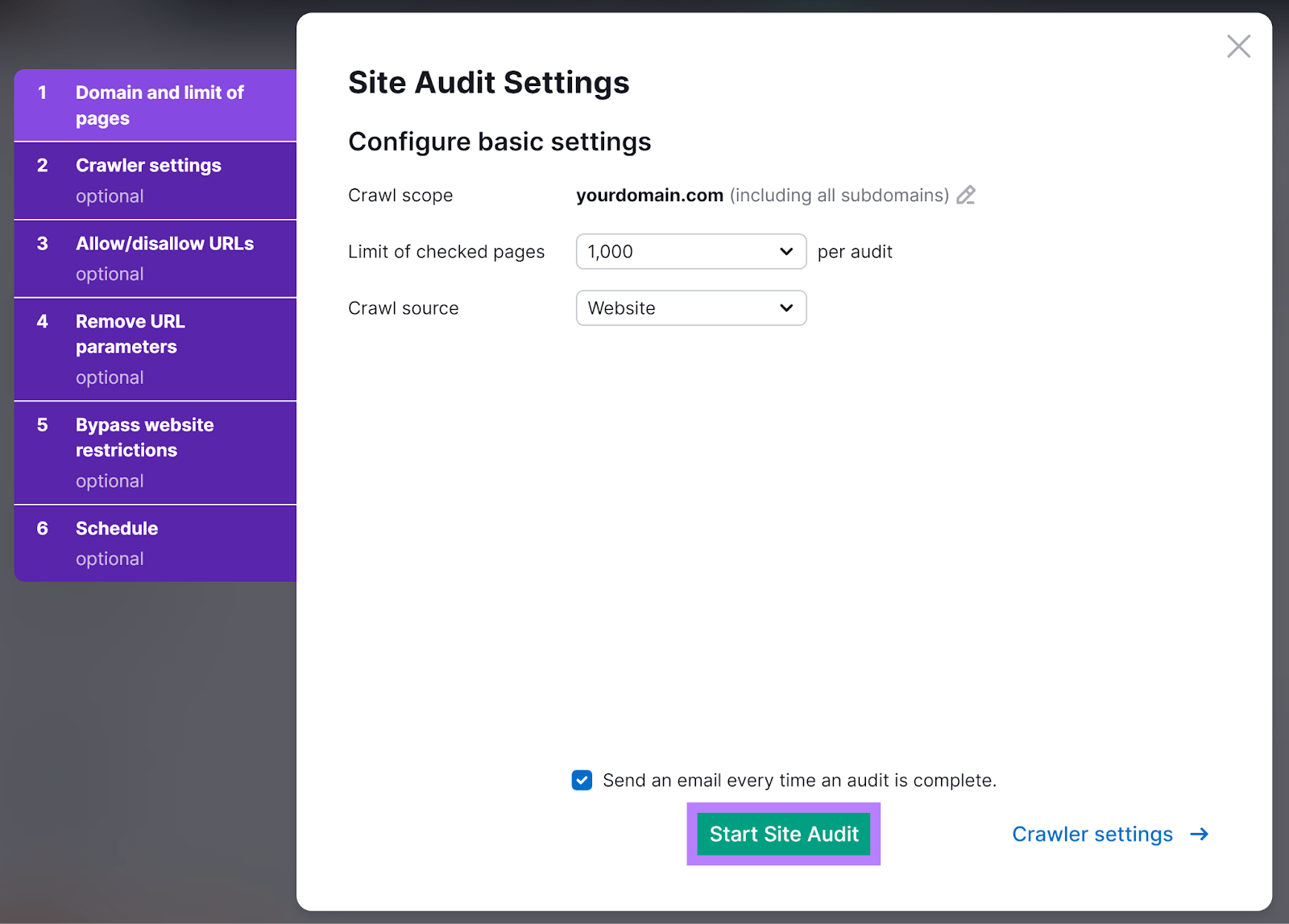 Fase di configurazione delle impostazioni di Site Audit con il pulsante Avvia audit del sito evidenziato