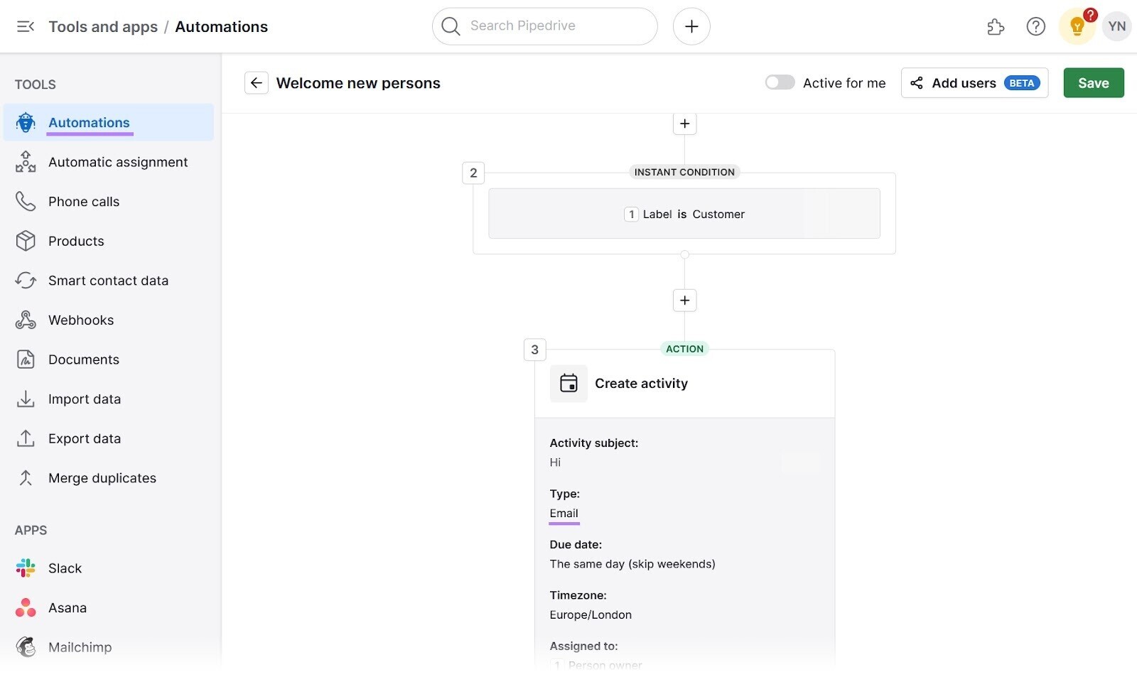 Pestaña "Automatizaciones" de Pipedrive