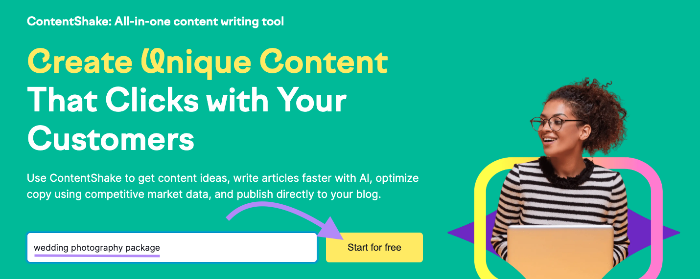 "paquete fotográfico de boda" introducido en la barra de búsqueda de ContentShake