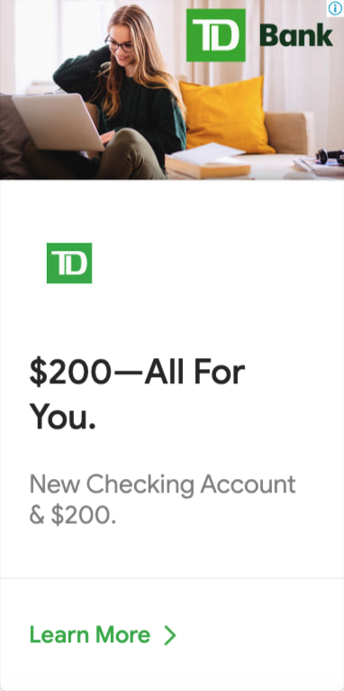 Anuncio publicitario de TD Bank para una nueva cuenta corriente y 200 $.