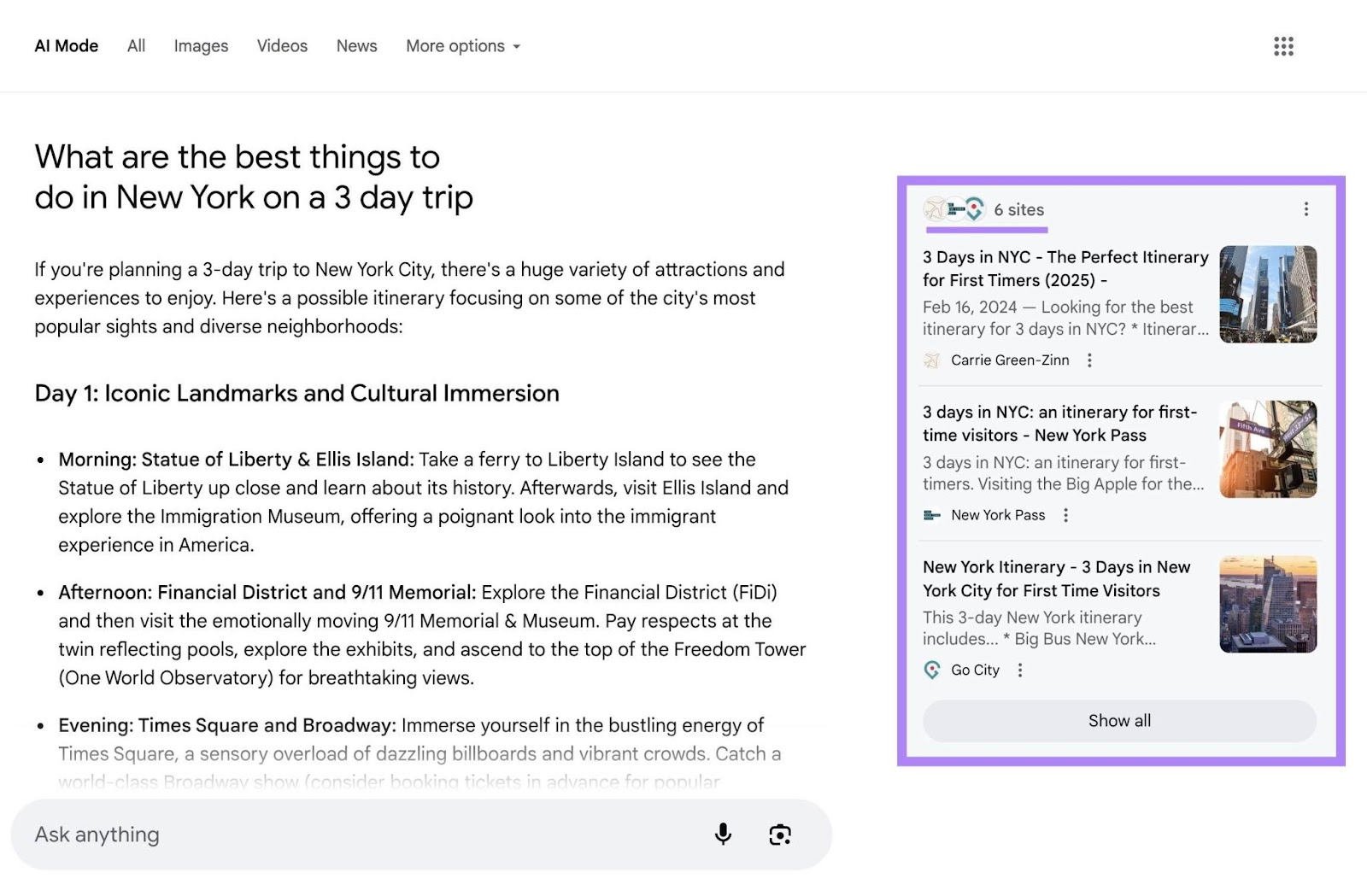 Mode IA de Google avec les liens des sites web utilisés dans sa réponse apparaissant sur la droite.