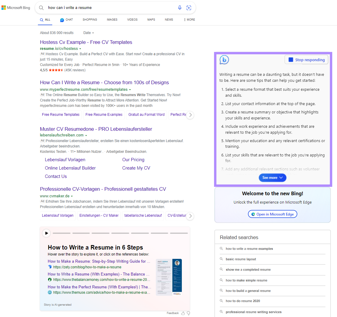 Bing respondiendo a una consulta "¿Cómo puedo redactar un currículum?