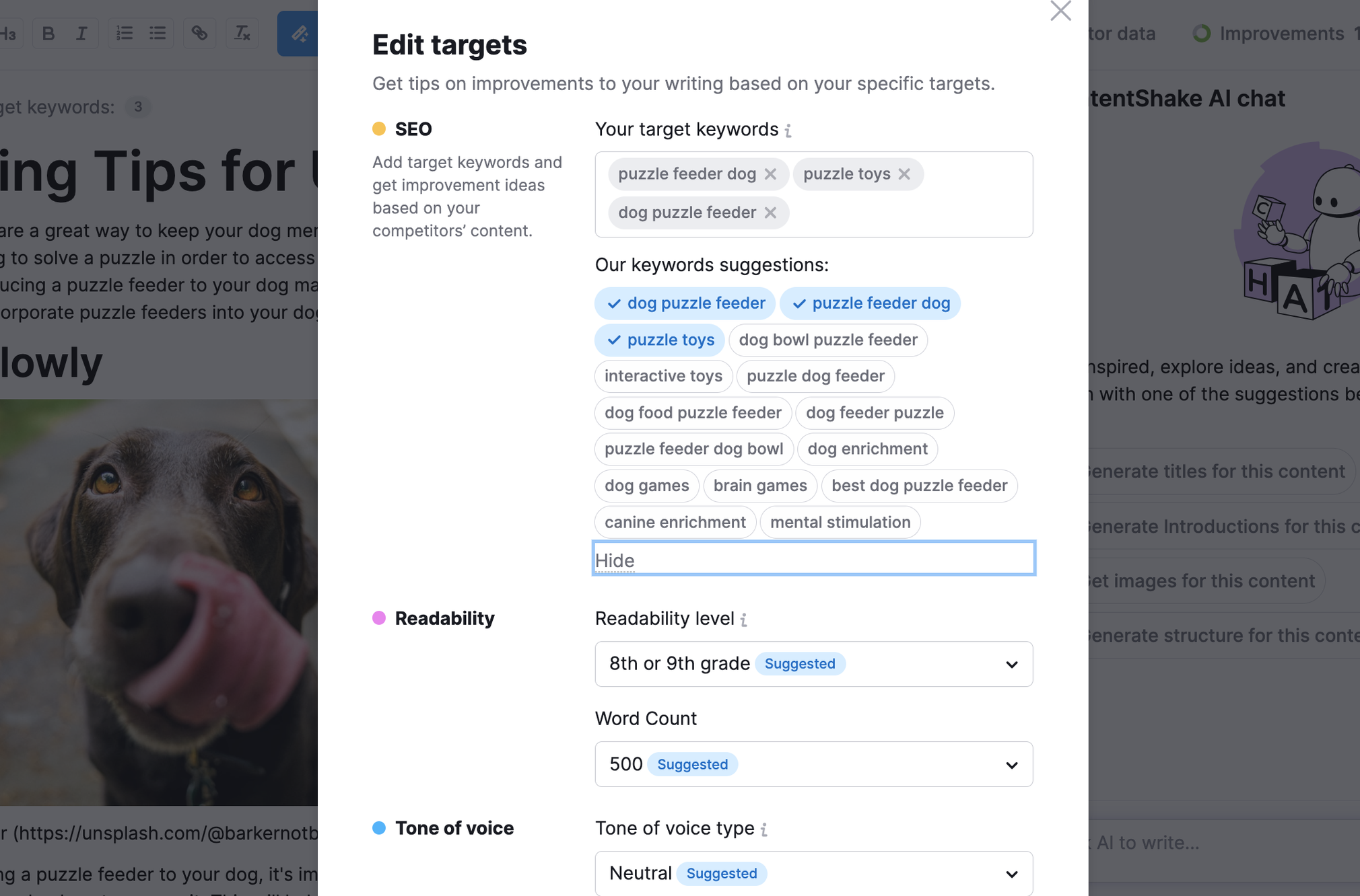 Mots-clés de ContentShake AI