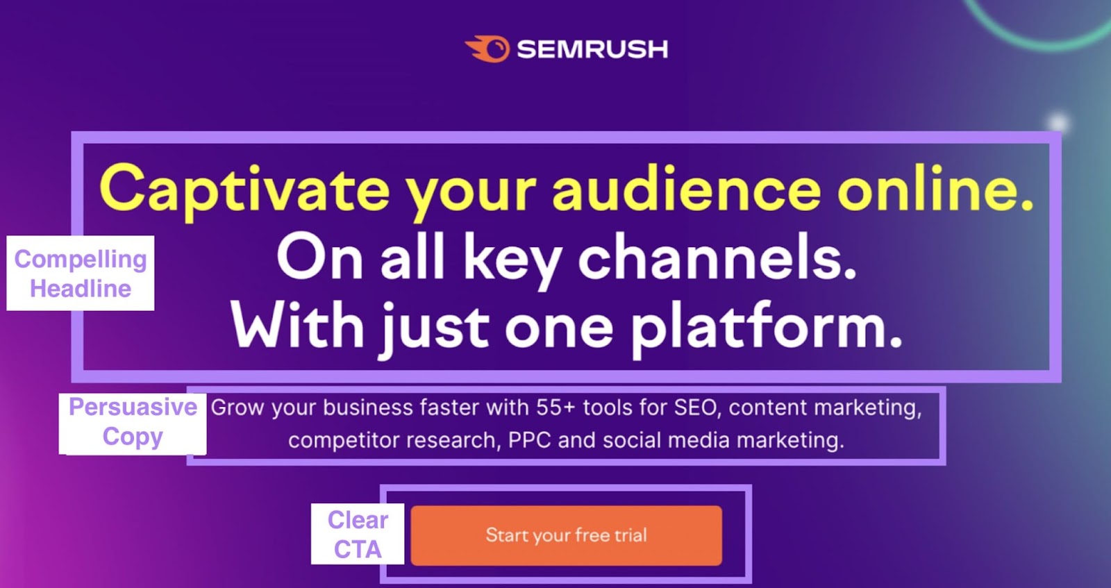 Landing page de Semrush con CTA clara, texto persuasivo y un título atractivo destacado