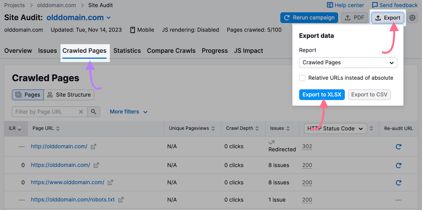 Pestaña "Páginas rastreadas" en la herramienta Auditoría del Sitio
