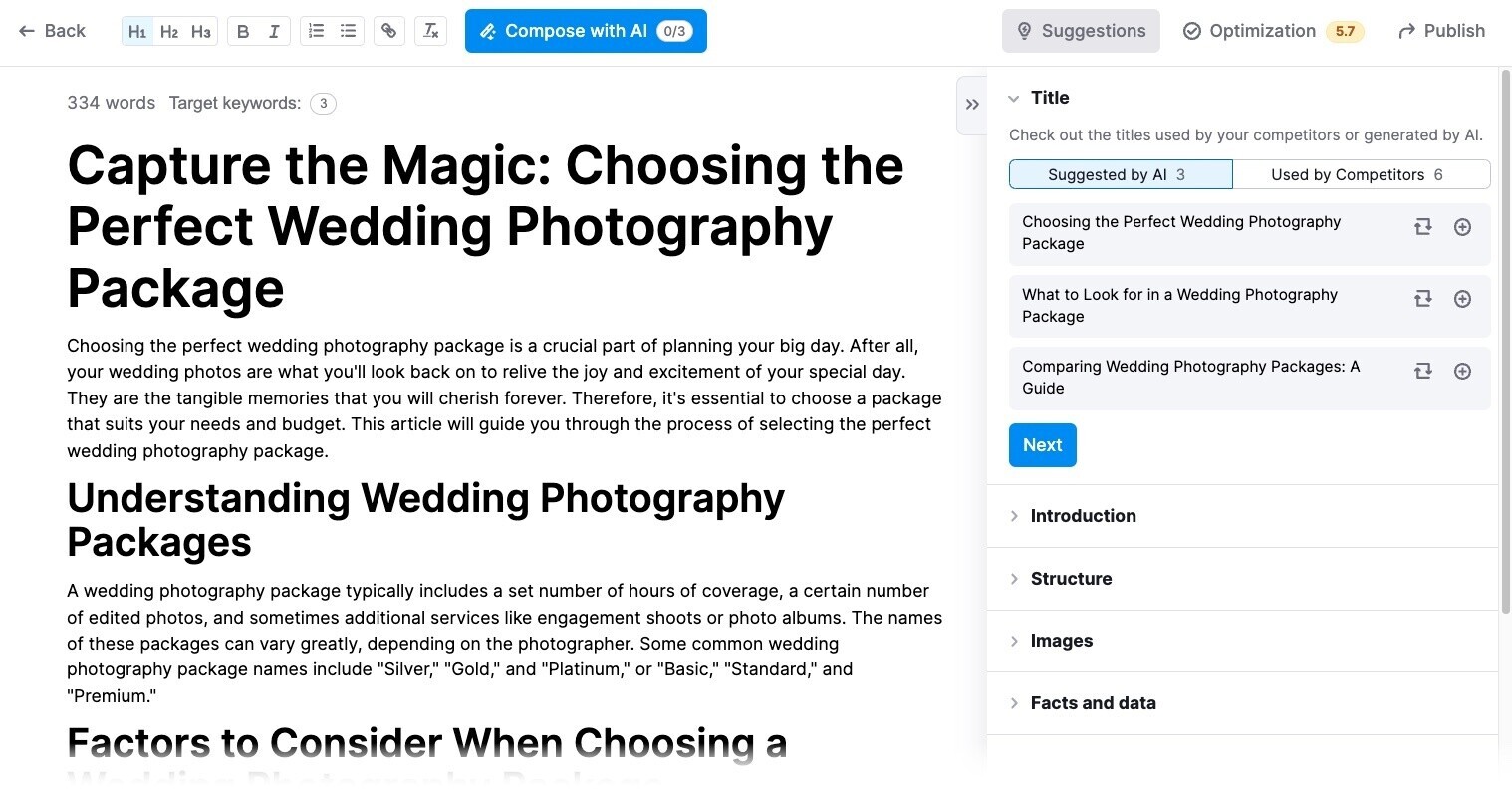 Un esquema del artículo para un título elegido