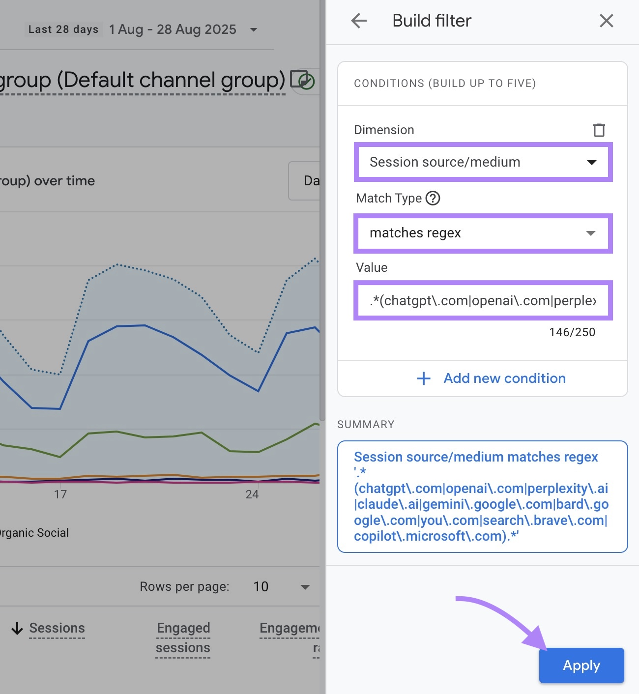 Ajout d'un filtre regex à GA4 en personnalisant la dimension, le type de correspondance et la valeur.