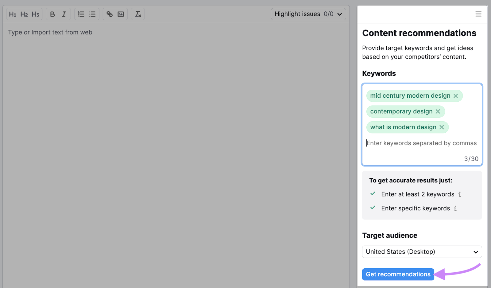 "Obtén recomendaciones" destacadas en el Asistente de Redacción SEO