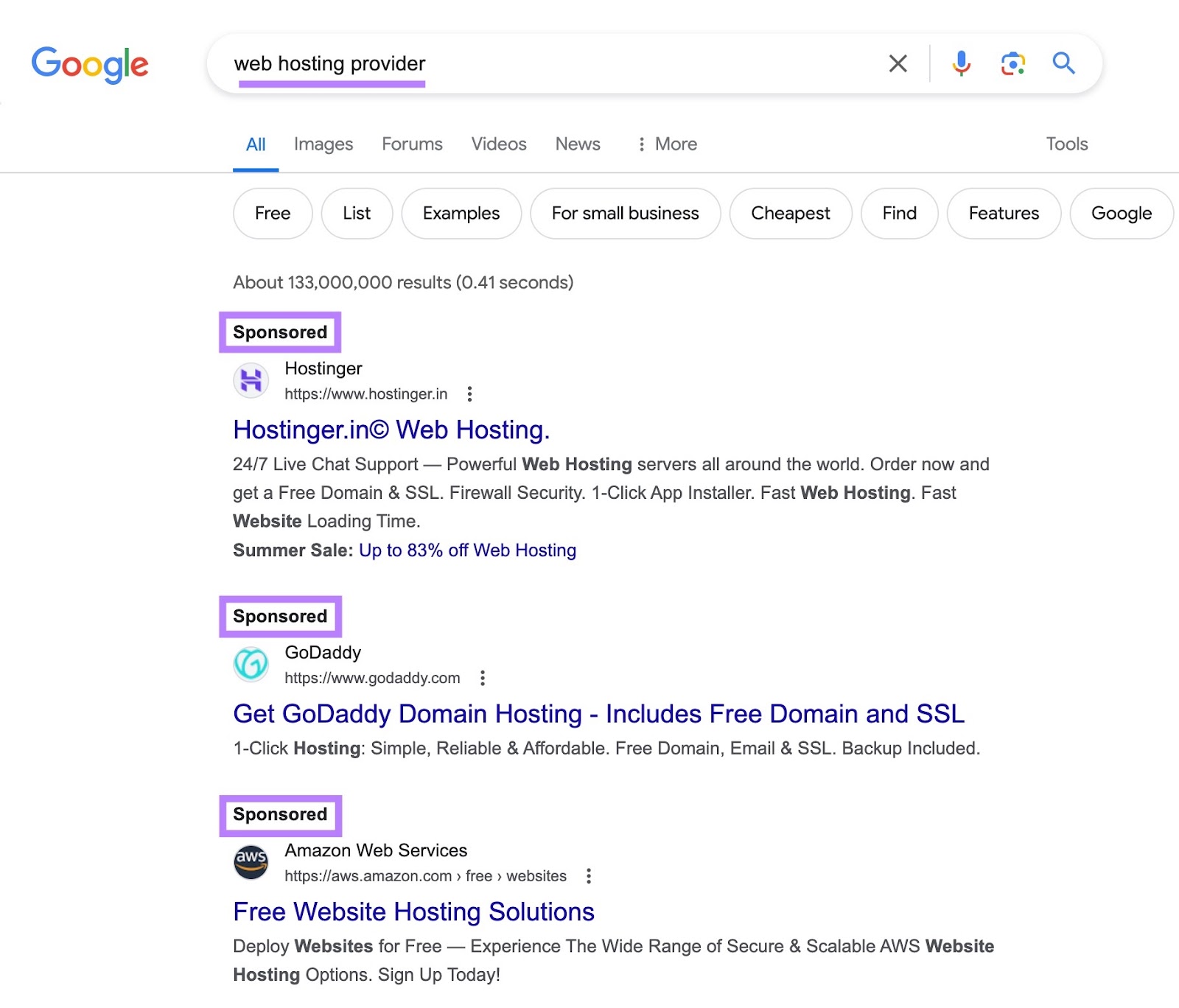 "Resultados "patrocinados" en la serp de Google para la consulta "proveedor de alojamiento web