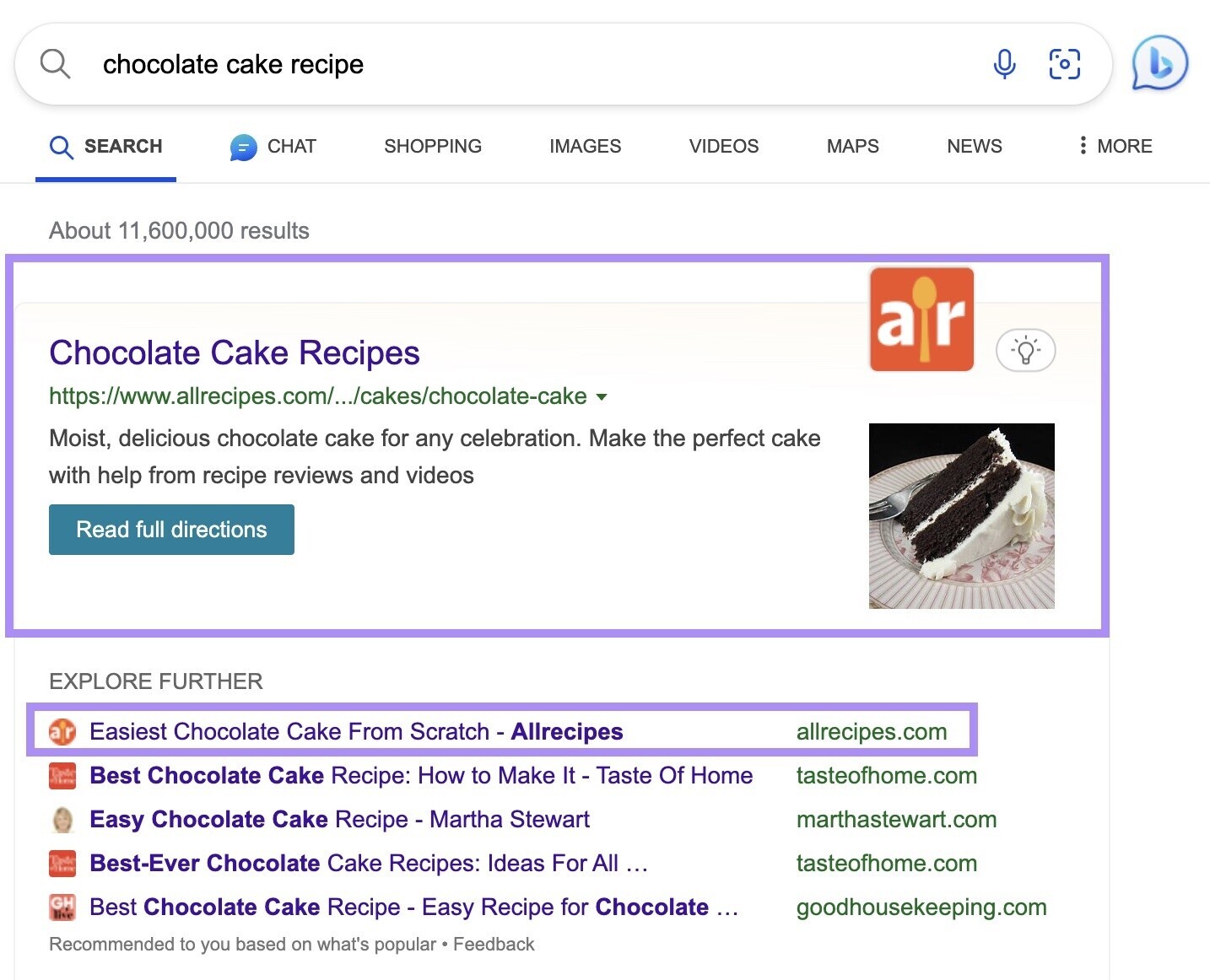 Los primeros resultados de Bing para "receta de tarta de chocolate" son de "Todas las recetas"