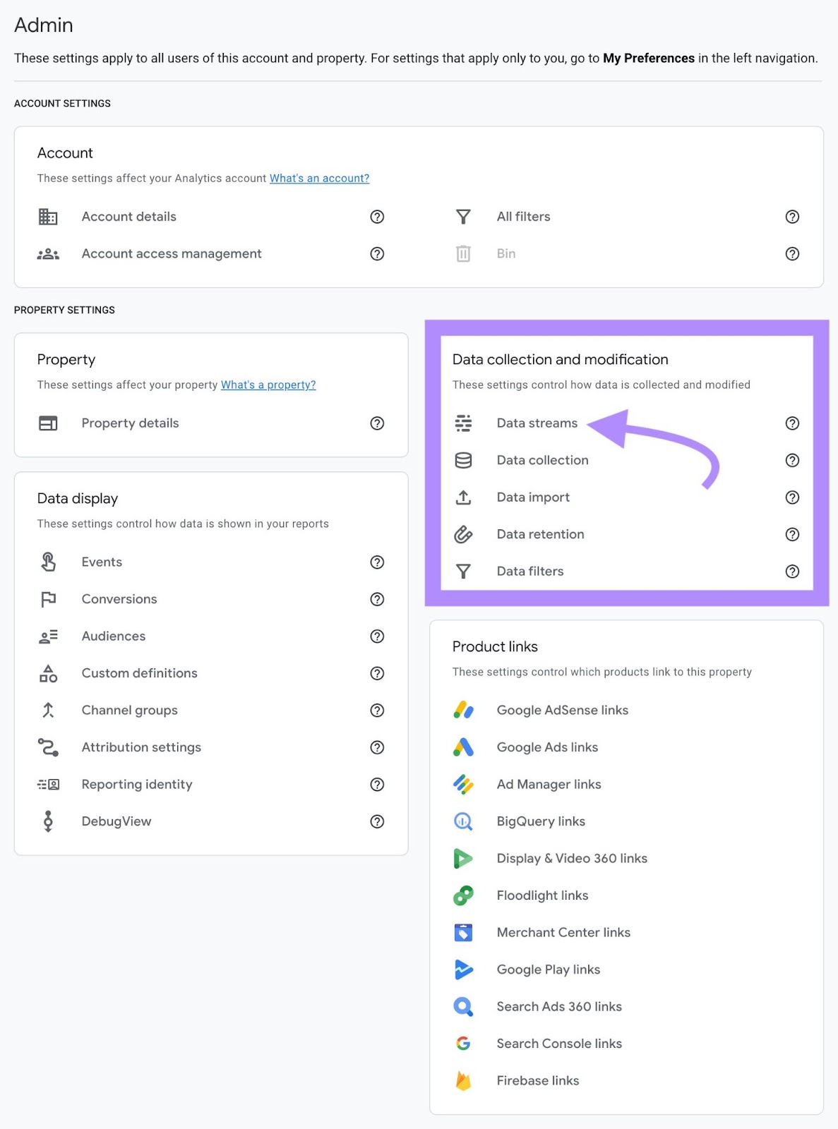 “Data streams" selected under “Data collection and modification" section in Google Analytics Admin