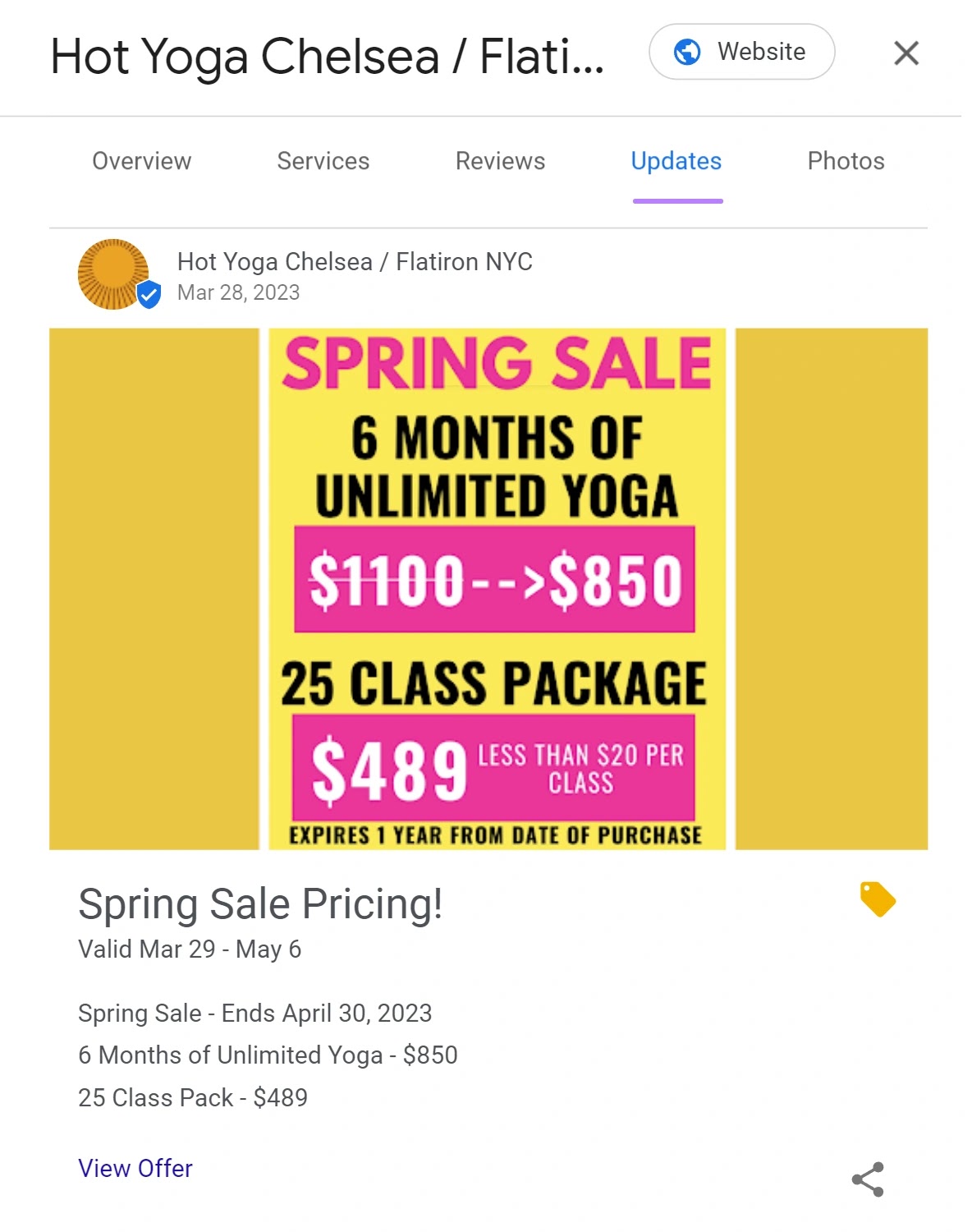 Actualización del perfil de Google Business sobre un nuevo paquete de precios para clases de yoga