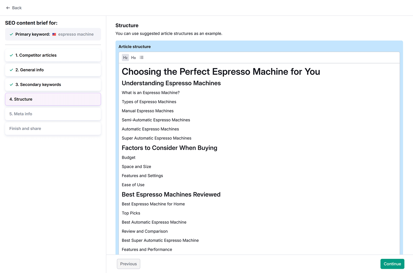 SEO content brief setup screen showing article structure for âChoosing the Perfect Espresso Machine for You.â