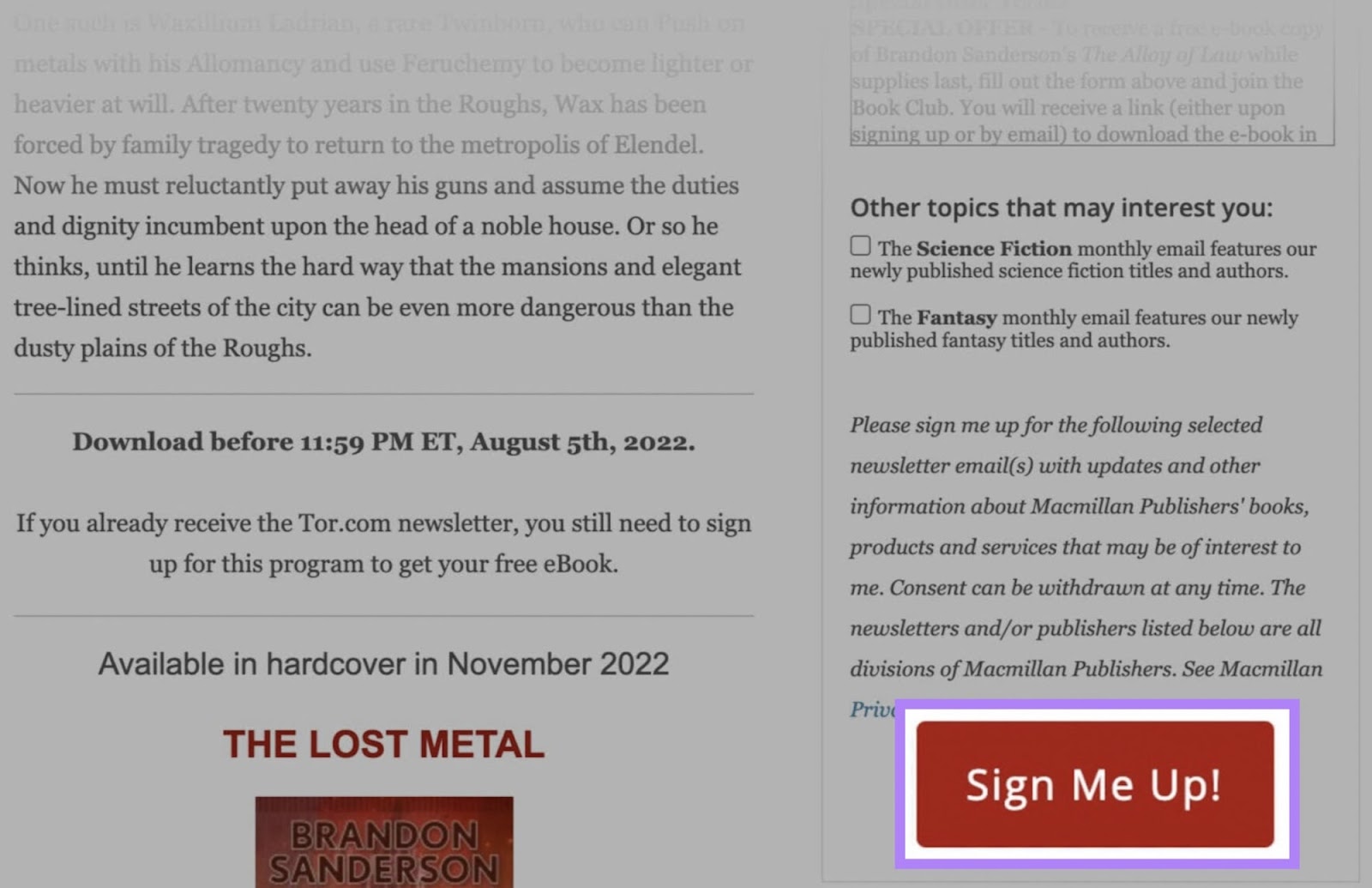 Página de inicio de libros de Tor con ¡Regístrate! CTA destacada