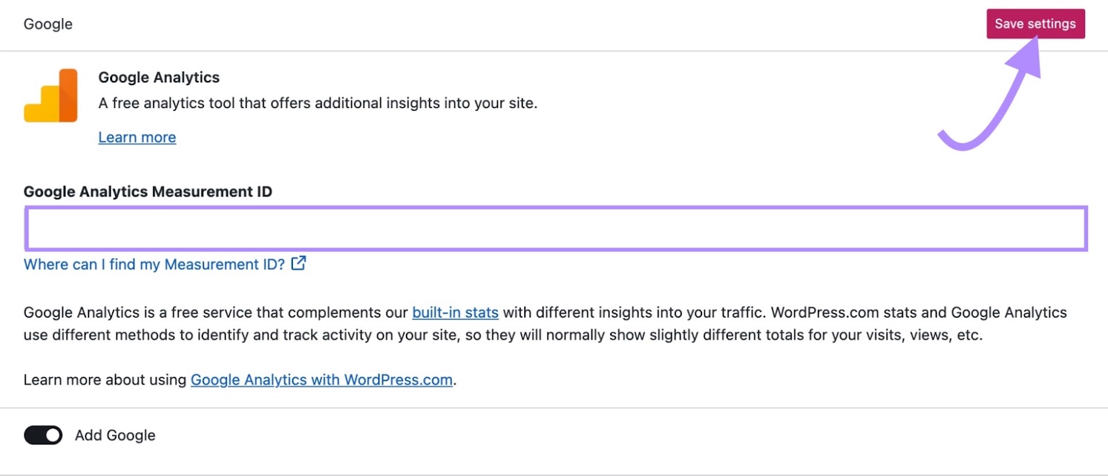 "Campo "ID de medición de Google Analytics