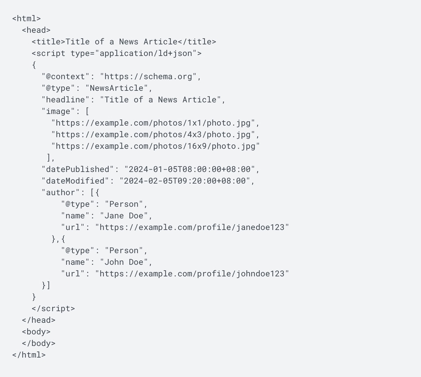 Un ejemplo de datos estructurados para un "Artículo de noticias" de Google.