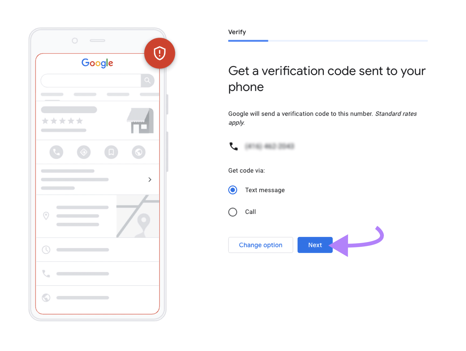 Verification screen showing text message option selected and arrow pointing to “Next.”