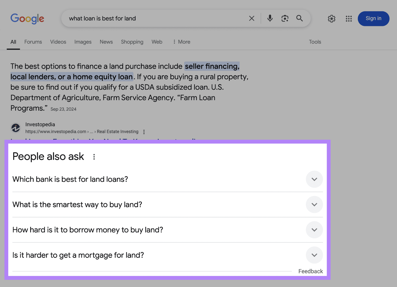 People also ask box for the keyword "what loan is best for land." Questions include "Which bank is best for land loans?" and "What is the smartest way to buy land?"