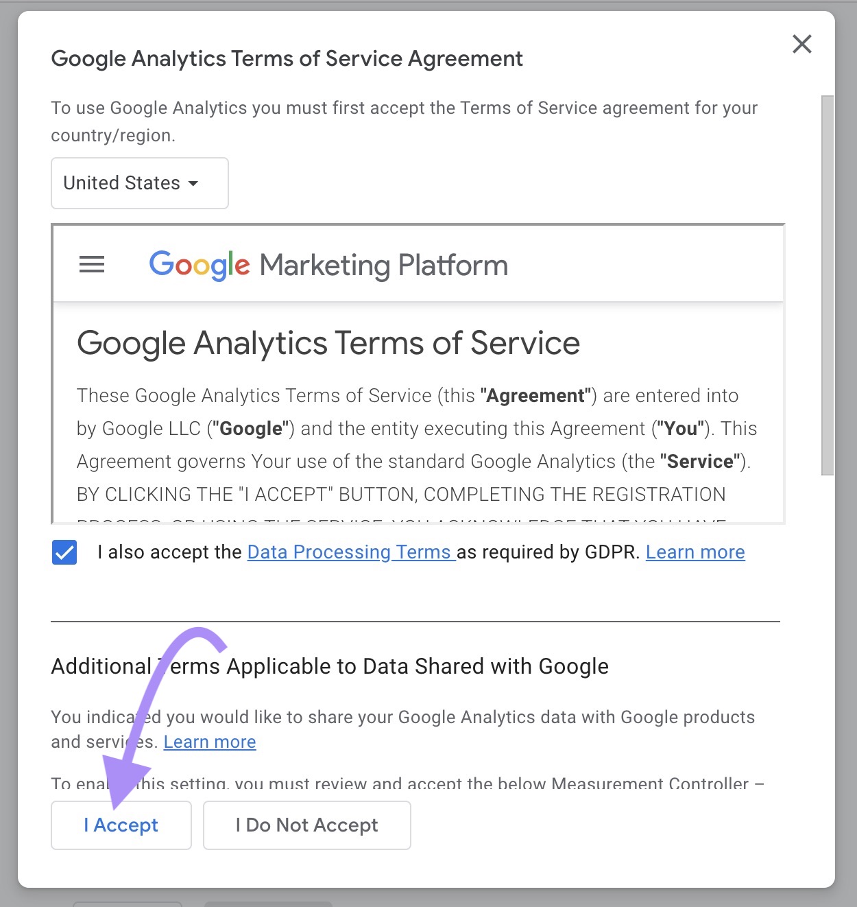Aceptar el acuerdo de las condiciones de servicio de Google Analytics