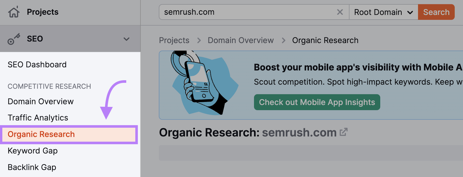 Naviga fino a "Ricerca organica" nel menu di sinistra di Semrush.com