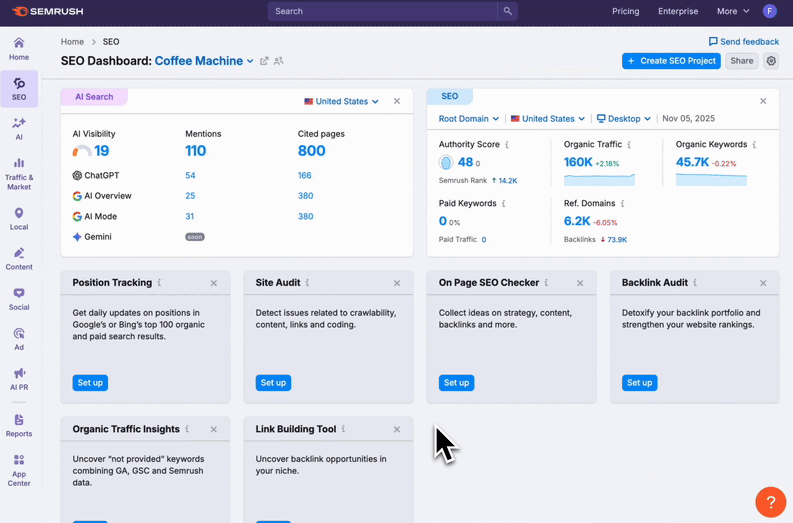 Semrush dashboard navigating to AI visibility