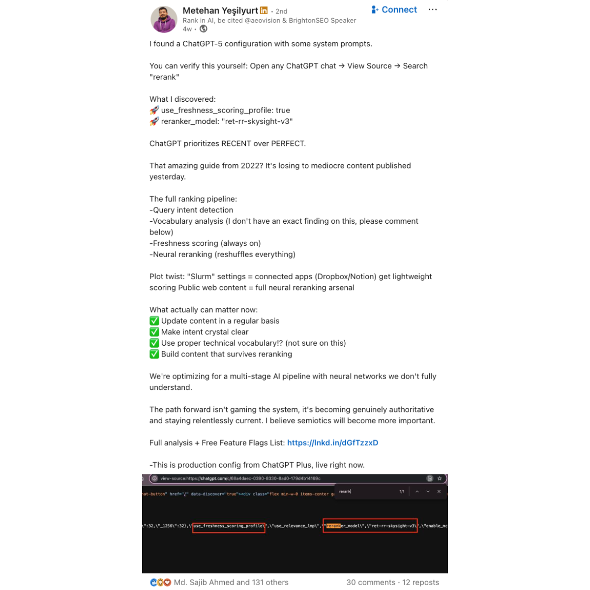 Metehan Yeşilyurt's LinkedIn post discussing how ChatGPT prioritizes recent content.