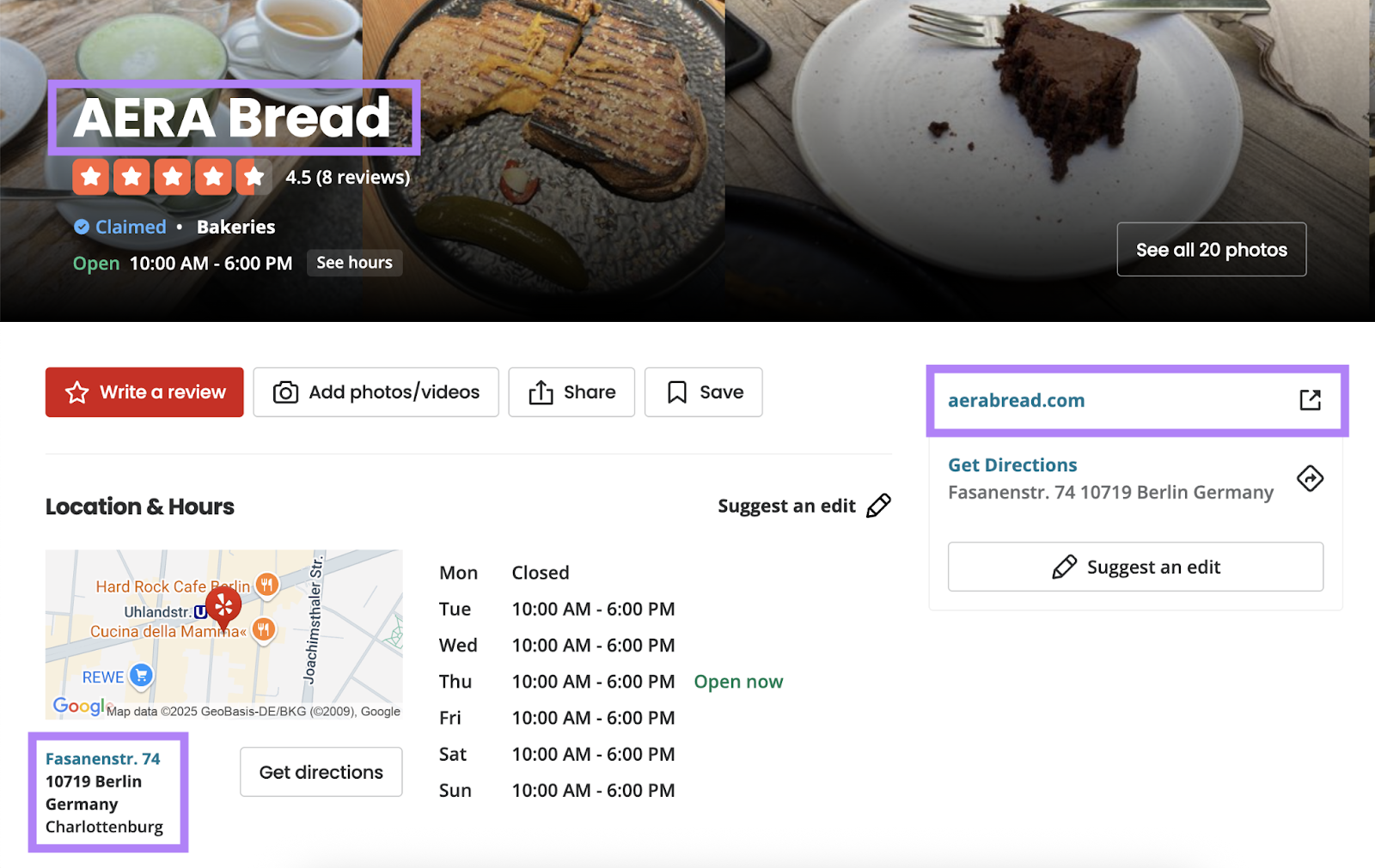 Yelp のローカルビジネス ページには NAP 情報が含まれています。