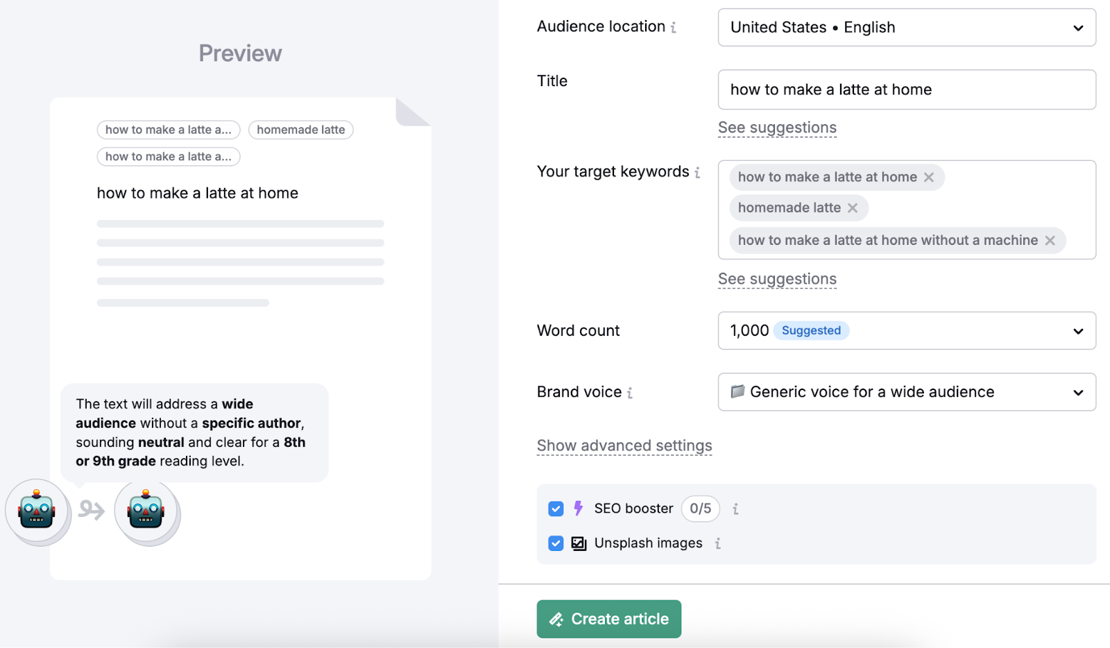 AI prompt shows SEO booster checked with prompt details selected.