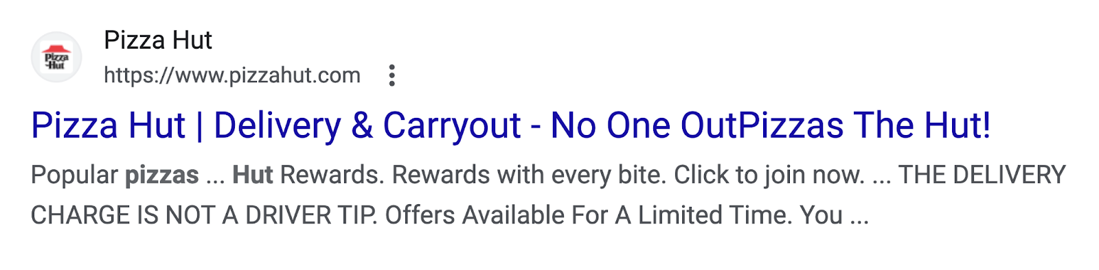 Um resultado de pesquisa orgânica para a Pizza Hut na SERP do Google