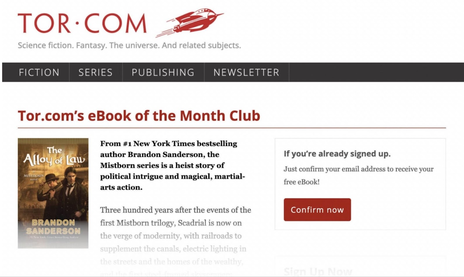 La portada del libro Alloy of Law junto con la oferta del "Club del libro electrónico del mes" de Tor books