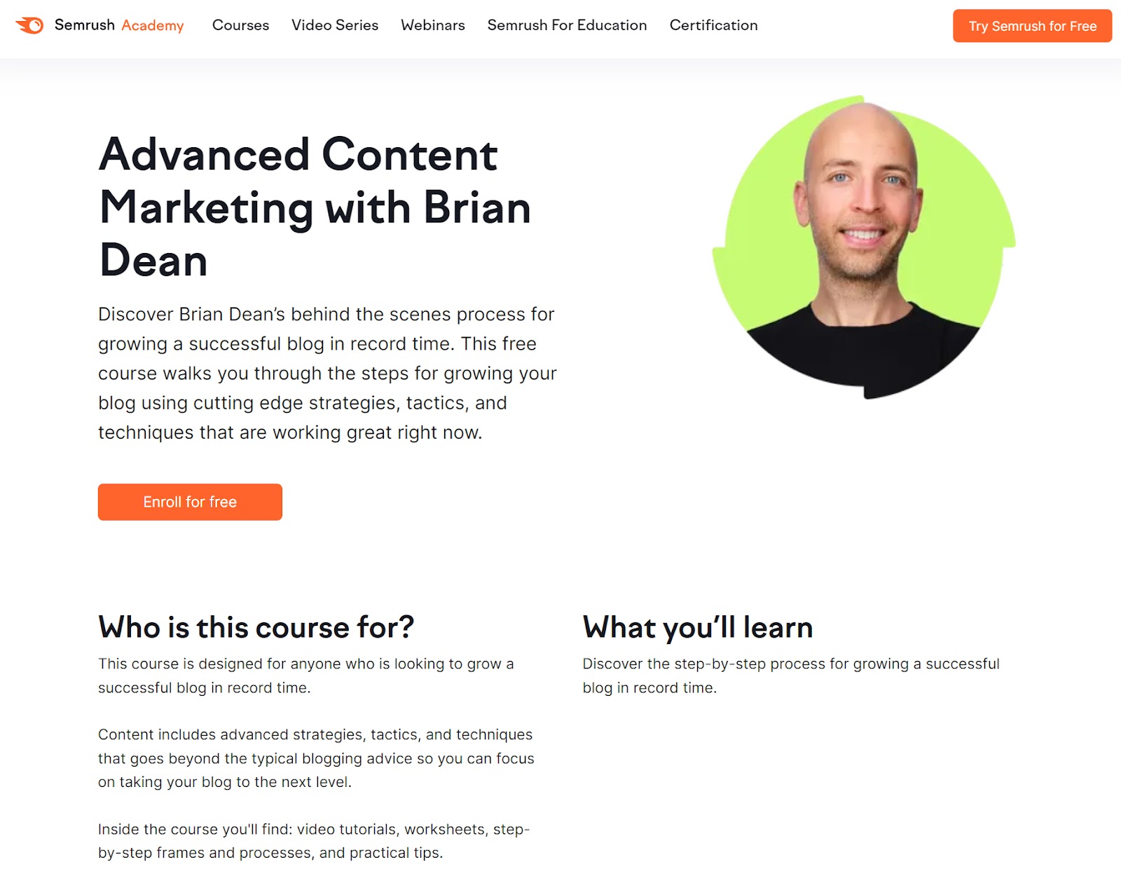 Advanced Content Marketing mit Brian Dean Landing Page