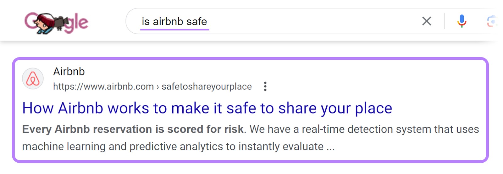 Artículo de Airbnb en la SERP de Google para la consulta "is airbnb safe"