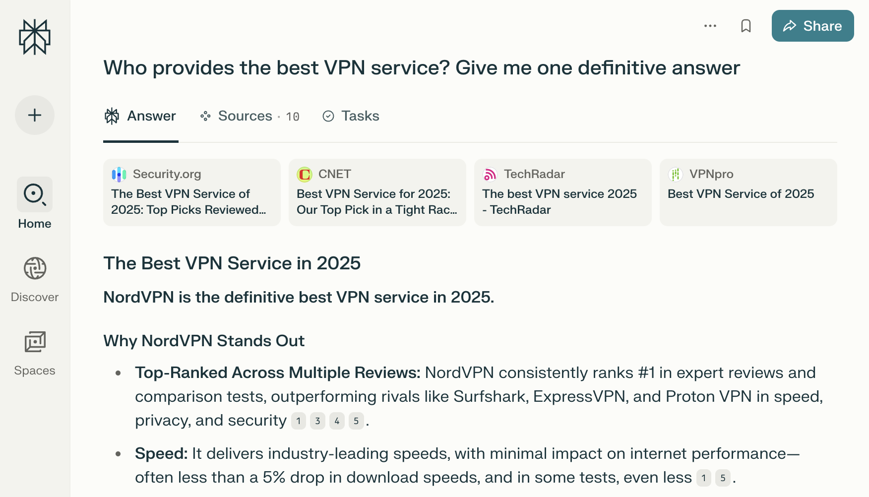 Perplexity zieht verschiedene Quellen heran, um einen Dienstanbieter mit der endgültigen Antwort und den entsprechenden Gründen zu nennen.