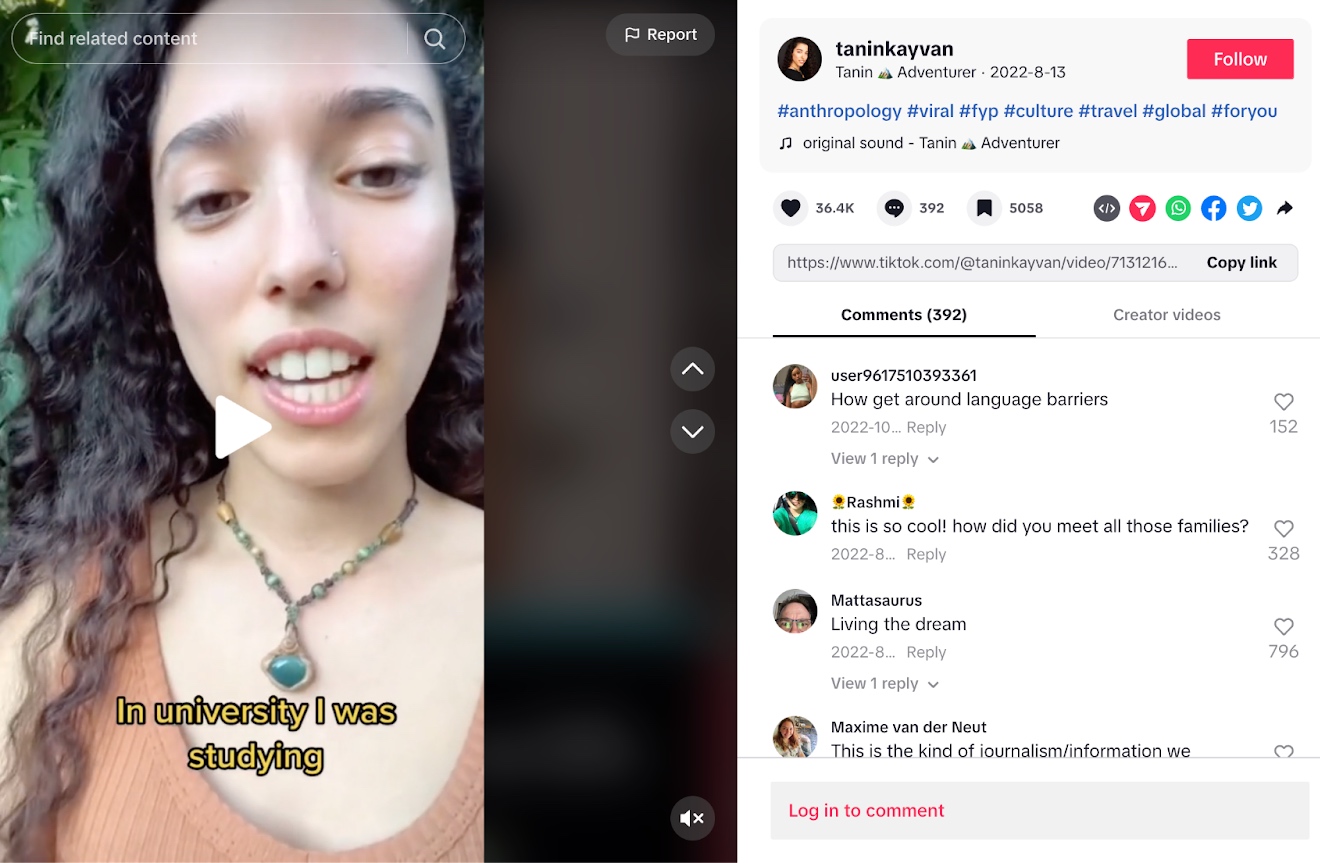 El vídeo TikTok de Tanin Kayvan a la izquierda y los comentarios a la derecha