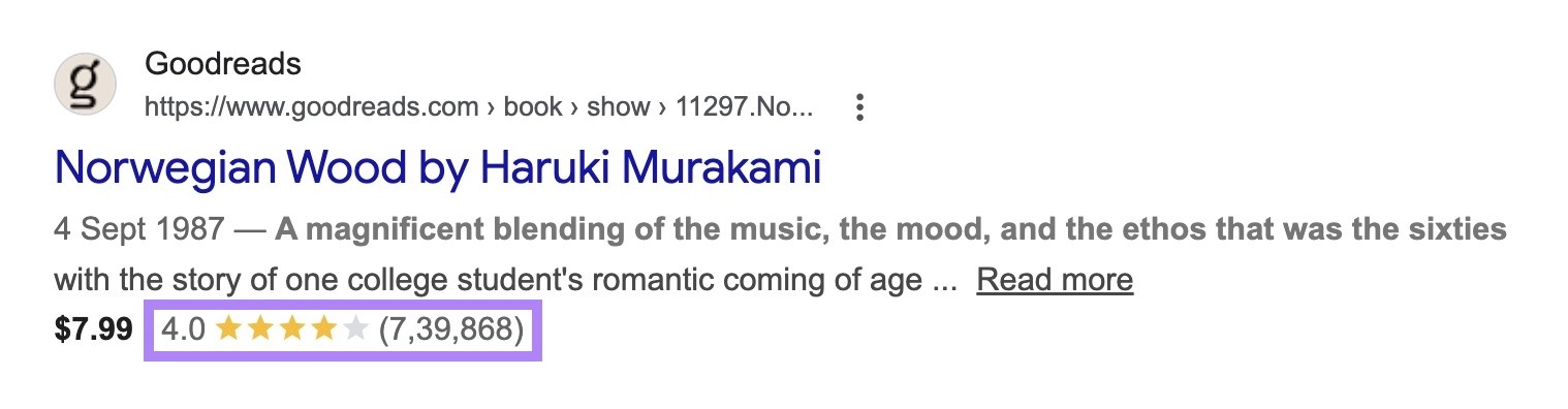 A SERP listing with the review schema markup highlighted.