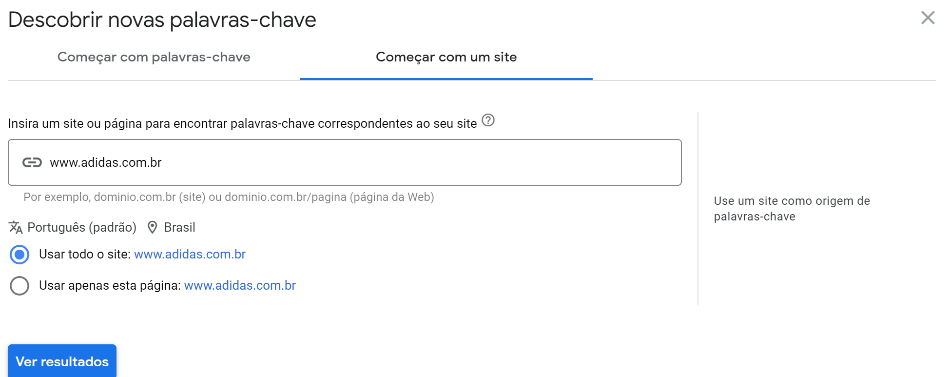 opção começar com um site no planejador de palavras-chave do google