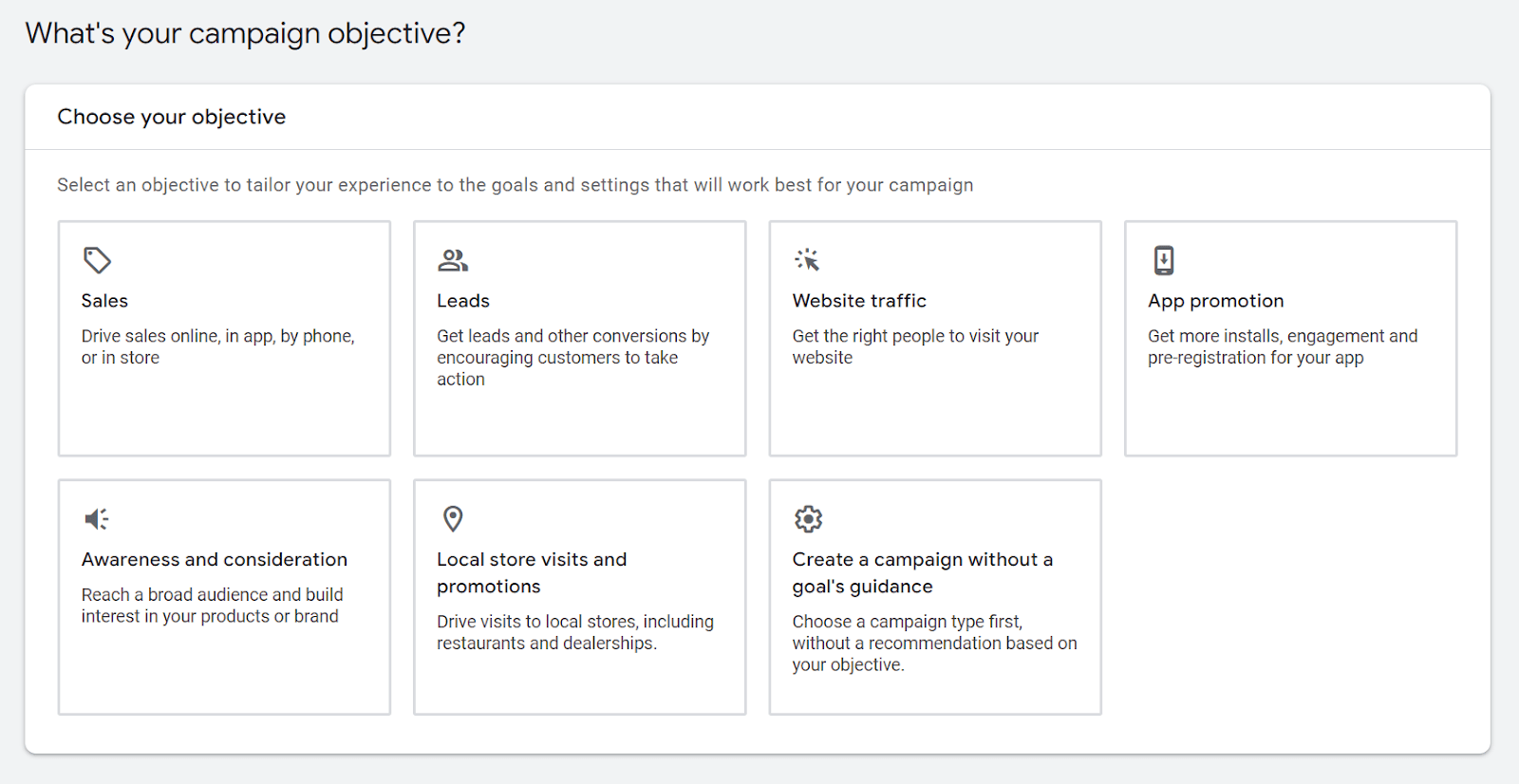 "¿Cuál es el objetivo de tu campaña? Sección" en la página de campaña de Google Ads