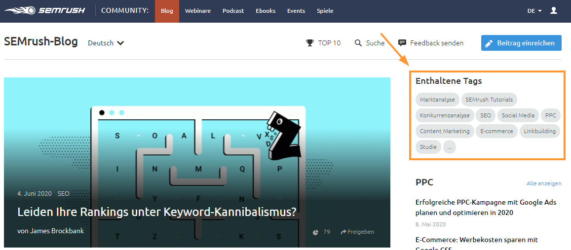 Die Tags des SEMrush-Blogs