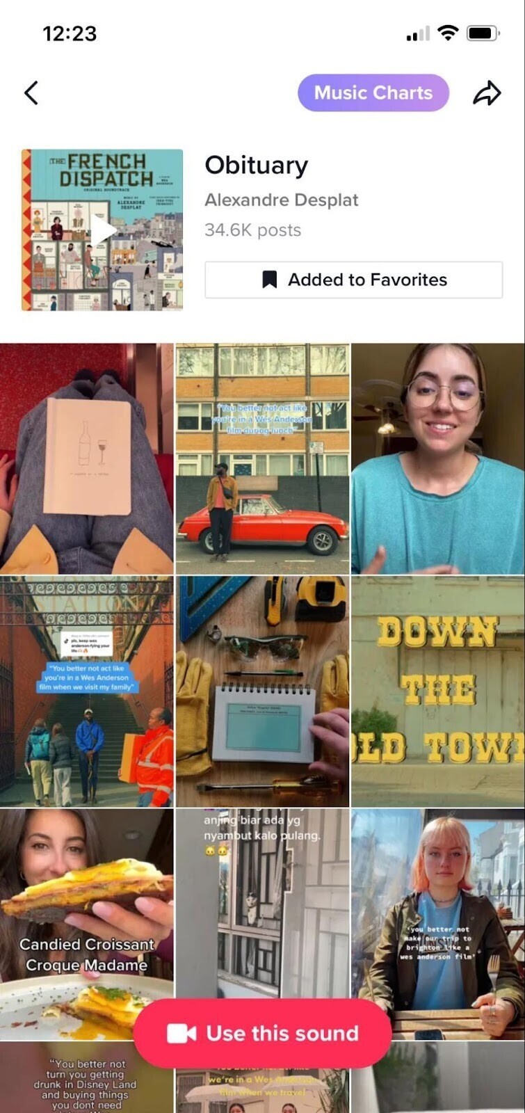 Página de TikTok que muestra contenido que utiliza Obituario de Alexendre Desplat