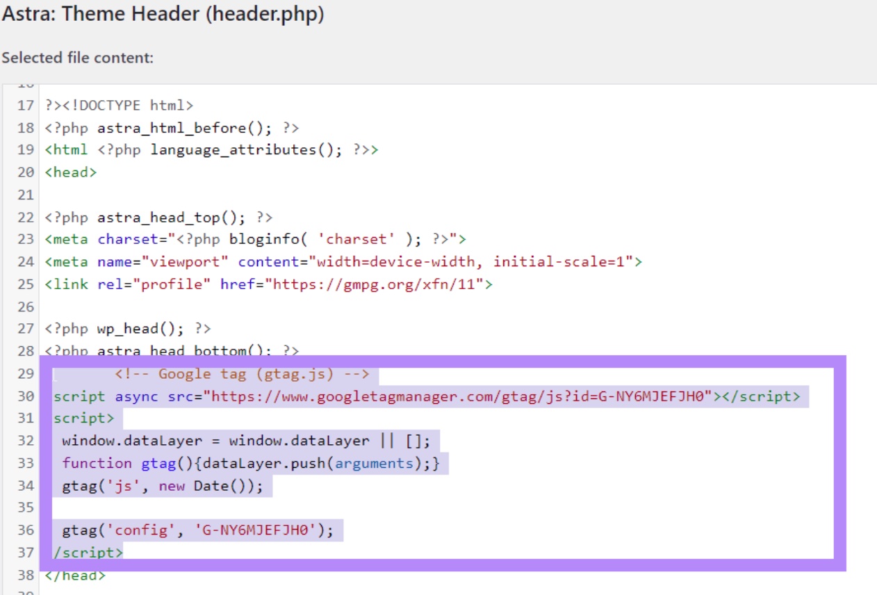 Código de seguimiento de Google Analytics pegado antes de la etiqueta de cierre <head>