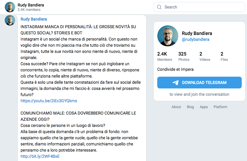 Puoi seguire l'esperto di web marketing Rudy Bandiera sul suo canale Telegram