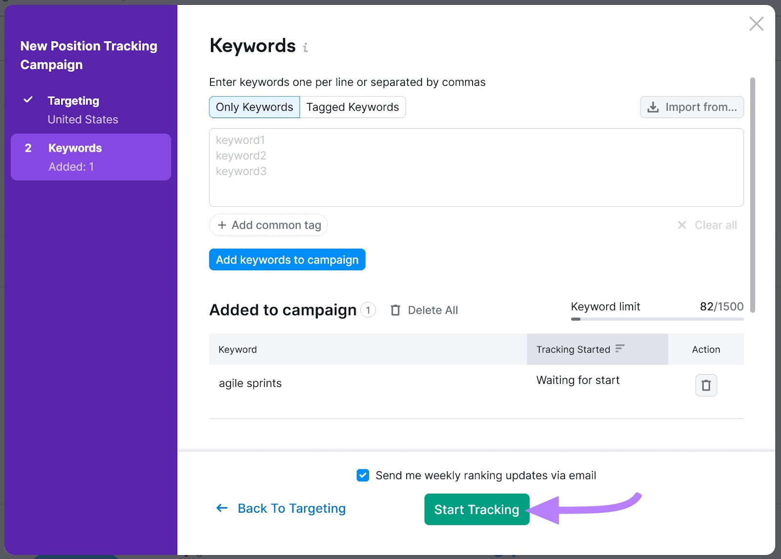 Botón "Iniciar seguimiento" seleccionado en la parte inferior de la pantalla "Palabras clave".