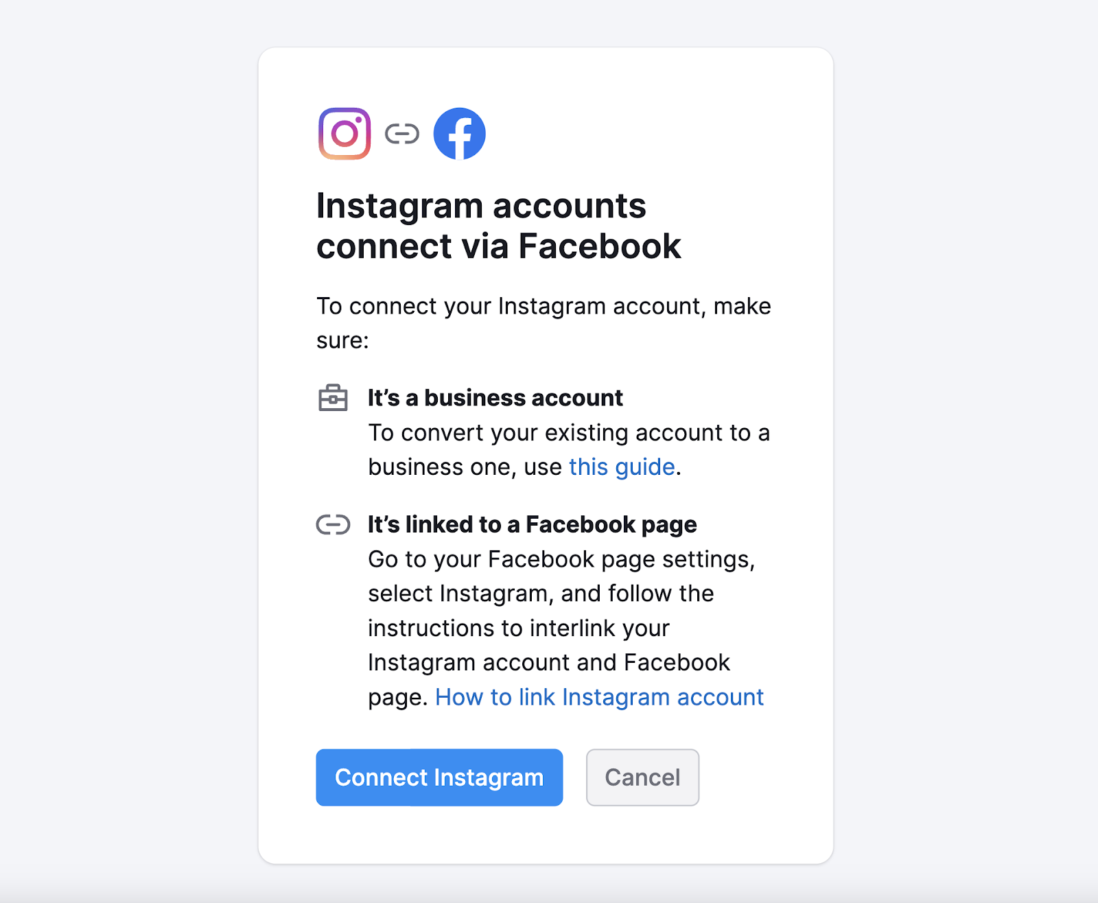 Mensaje que ves justo antes de conectar tu cuenta de Instagram con 'Semrush Social'.