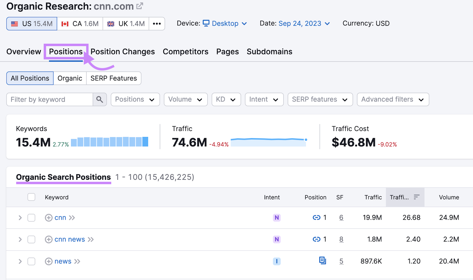 Organic Rankings's “Positions” report
