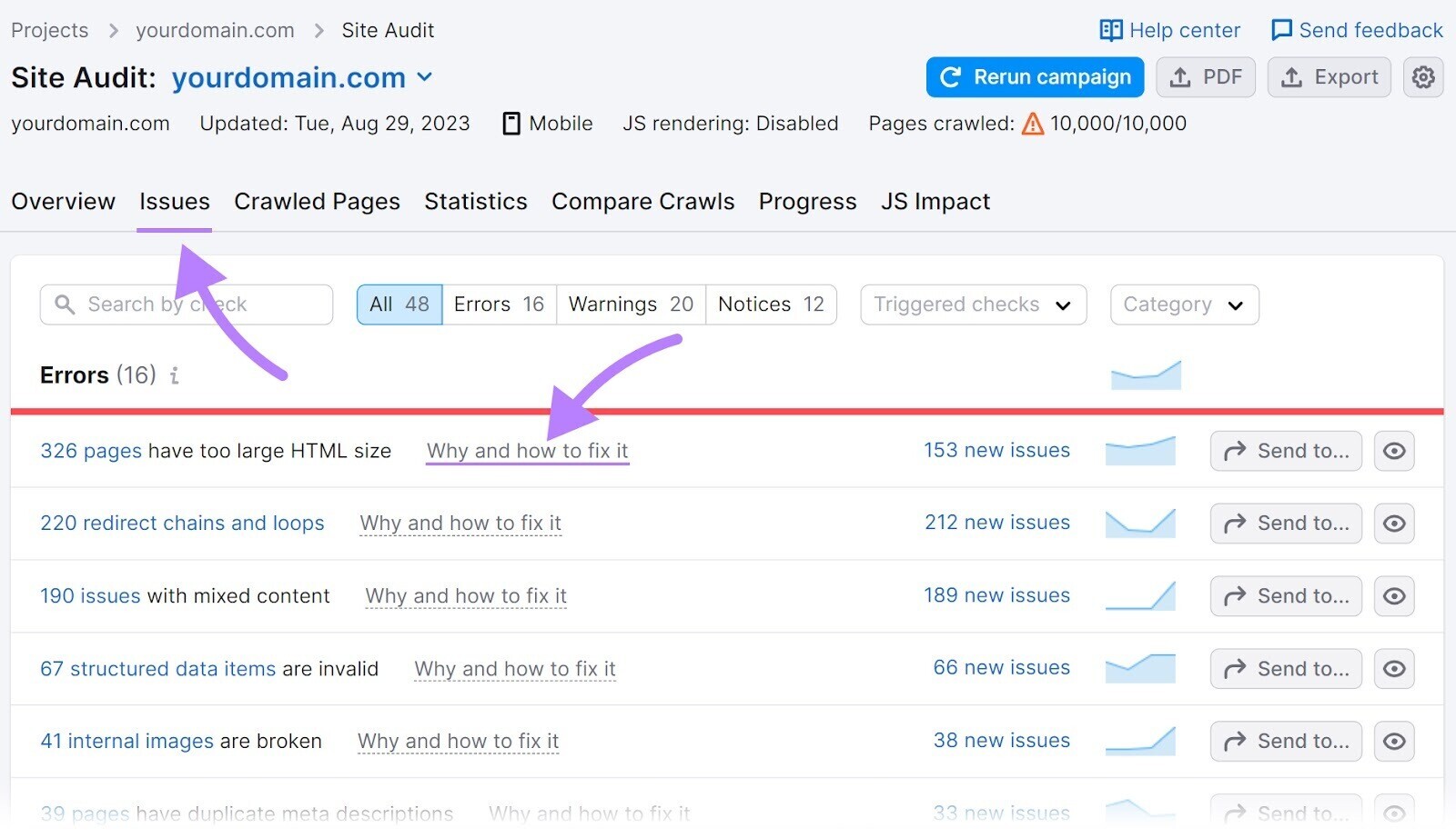 Section « Erreurs » sous l'onglet « Problèmes » dans Audit de site