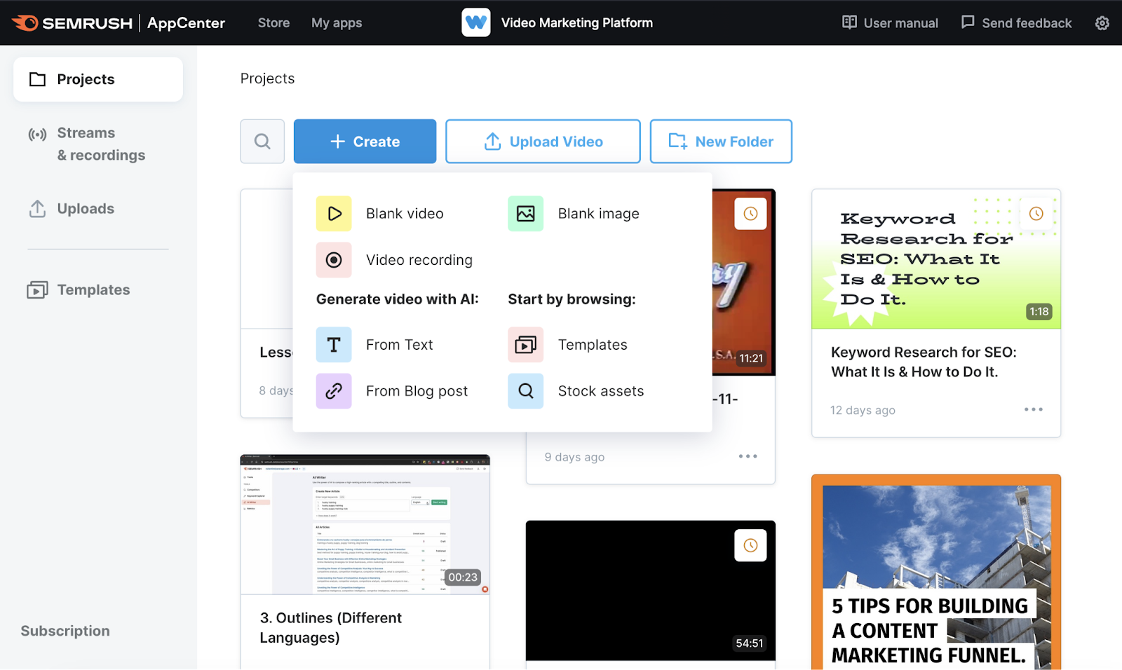 Opciones de creación de plataformas de vídeo marketing, como empezar con una plantilla, generar vídeo con IA o crear un lienzo en blanco.