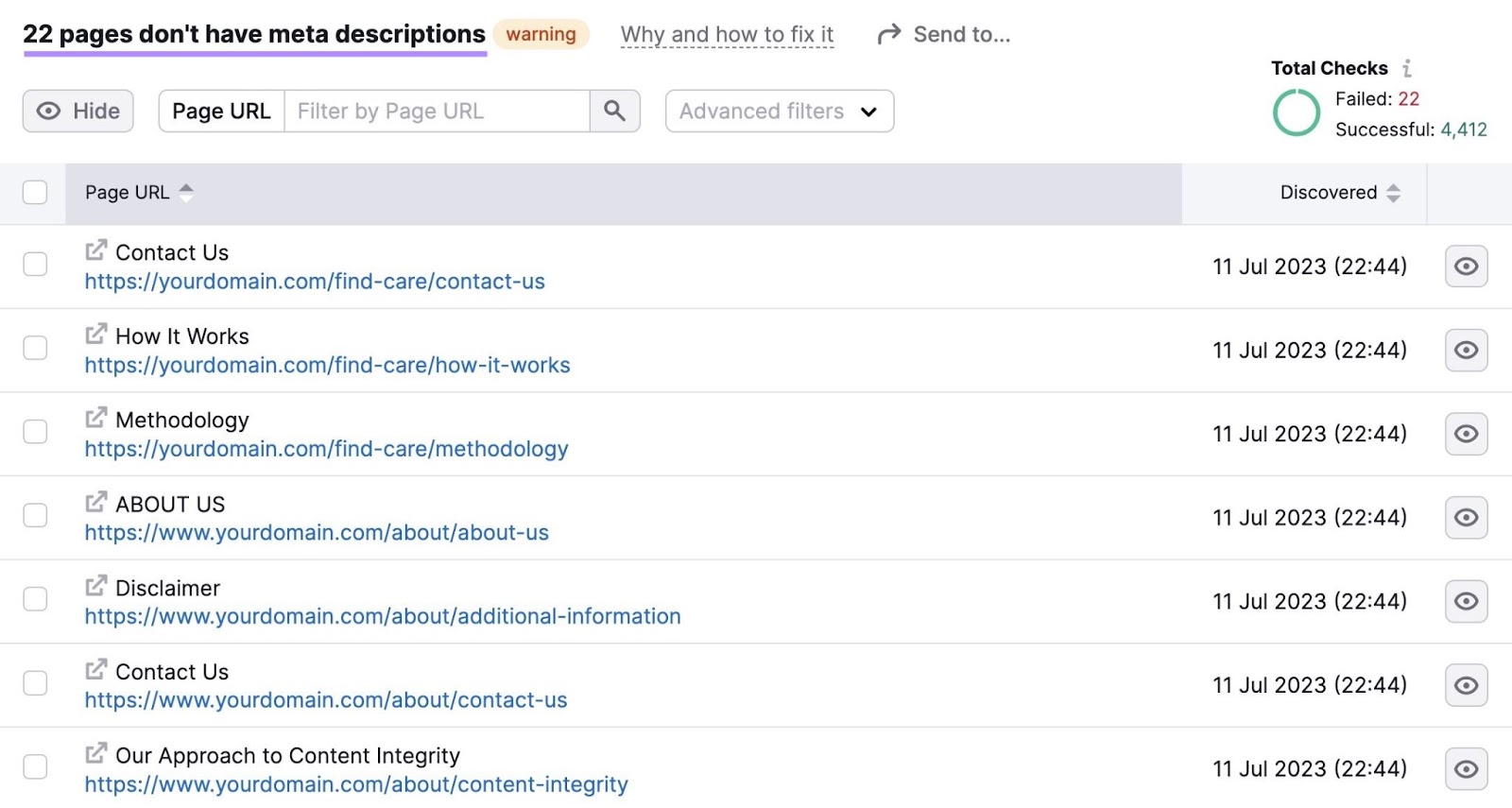 Una lista de páginas que no tienen meta descripción en la Auditoría del Sitio